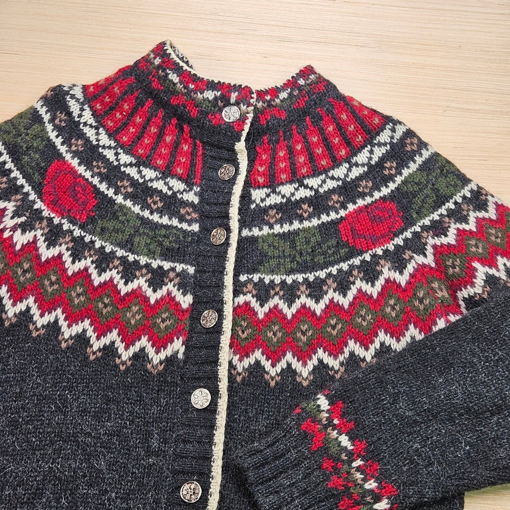 Vintage Woolrich Fair Isle Nordic Cardigan Sweater Women M Black Wool Mohair